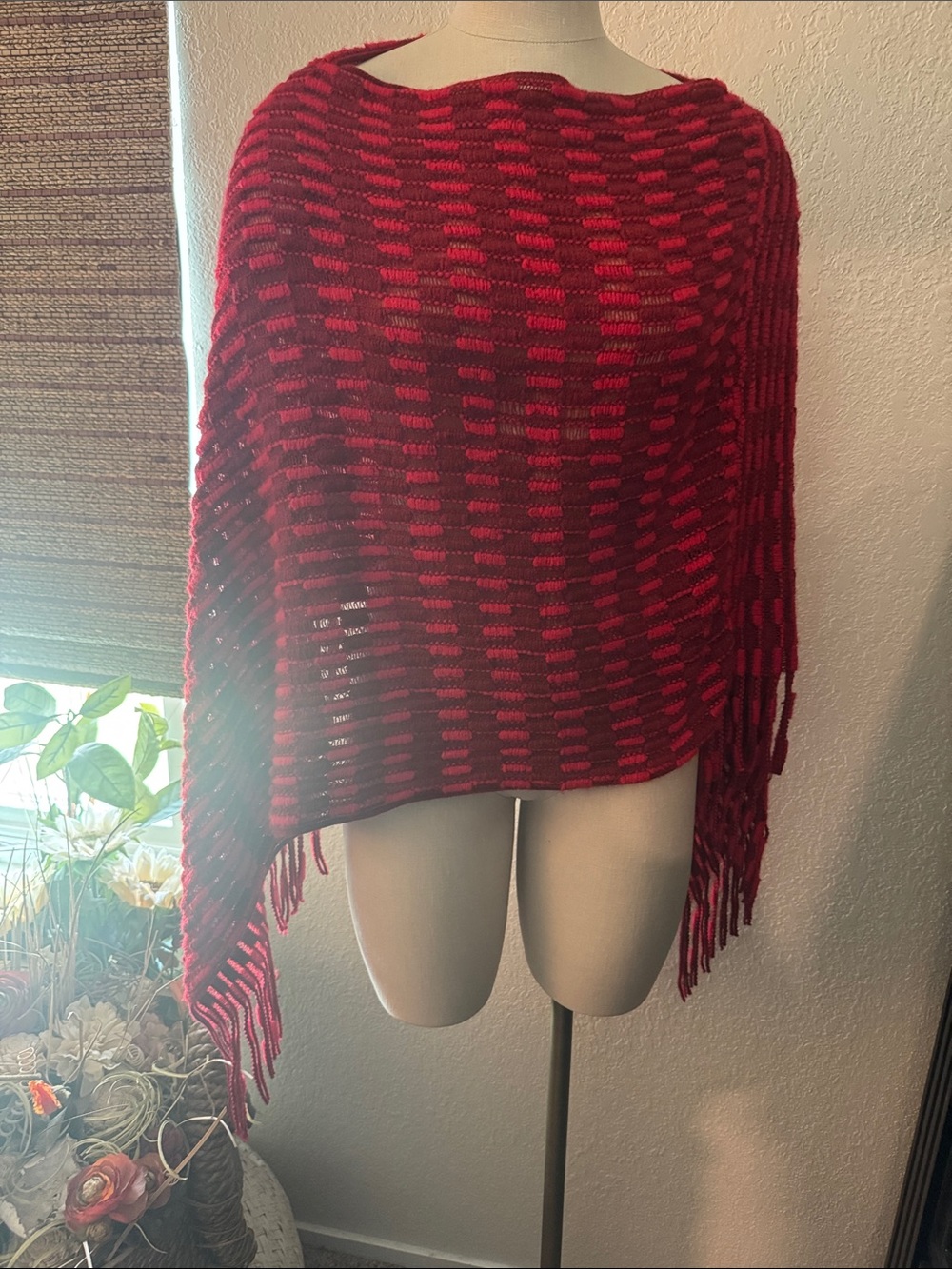 White Mark Red and Berry Open-Weave Fringe Poncho